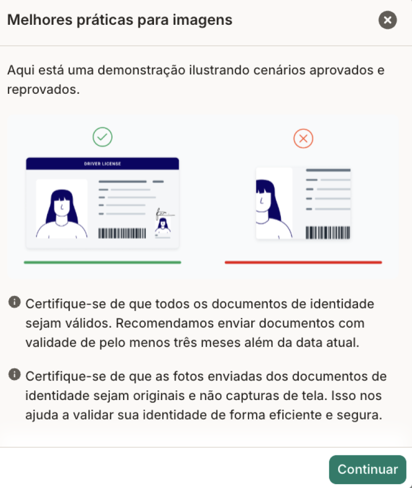 Exemplo correto: documento completo. Exemplo incorreto: documento cortado.